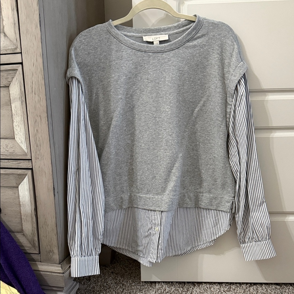 LOFT Gray Layered Sweatshirt with Blue-White Striped Shirt Details